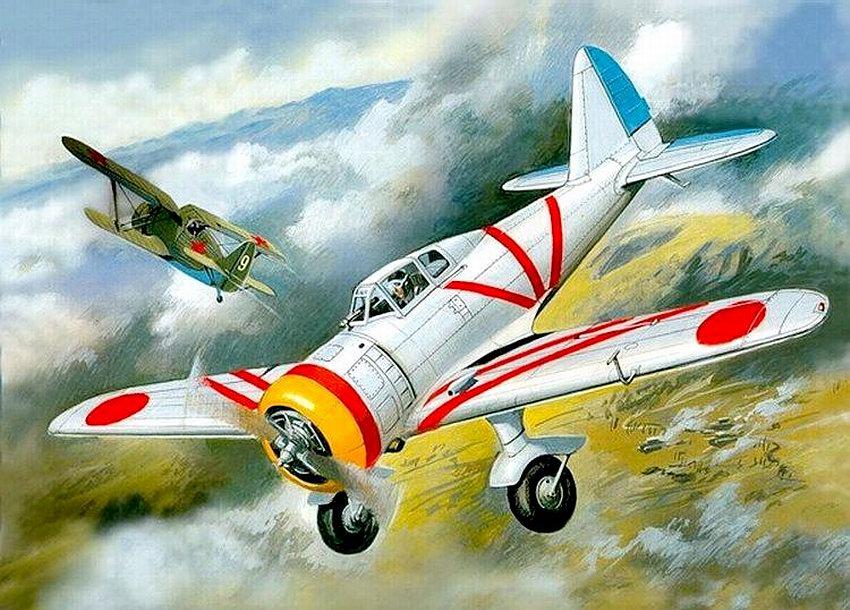 Советские И-153 ведут бой с японскими Ki-27.